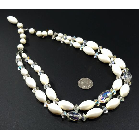Vintage Austrian Crystal Necklace Double Strand Lucite Beads 1950s Wedding - Picture 7 of 10
